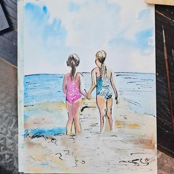 Watercolor Painting of Friends at the Beach wall art handpainted original 12x16